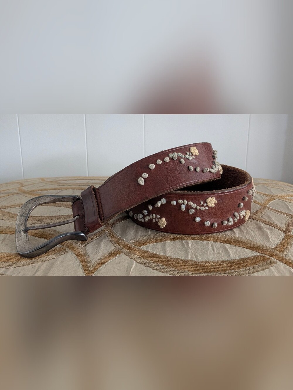 Vtg Y2K Brown Leather Belt Decorative Floral Embroidery Sz 32 Boho Leather Belt